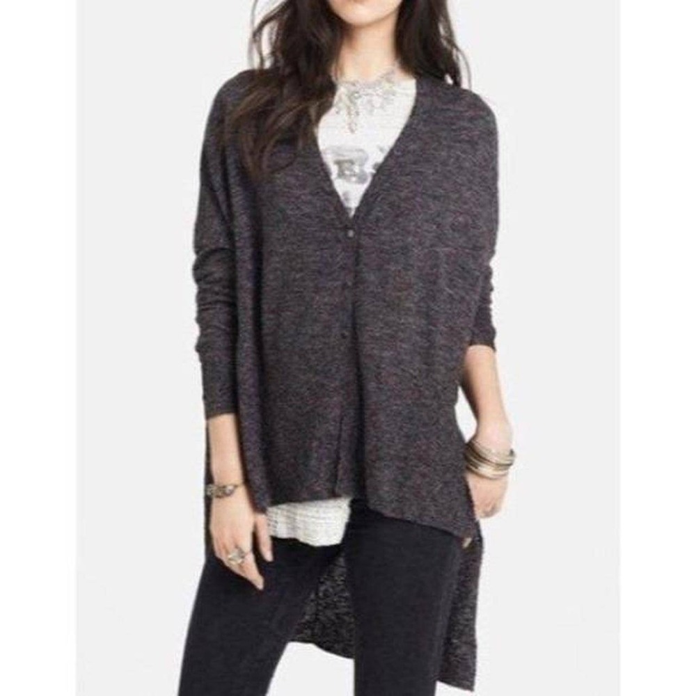 Free People Cardigan Women Small Gray Space Dye High Low Snap Front Oversized
